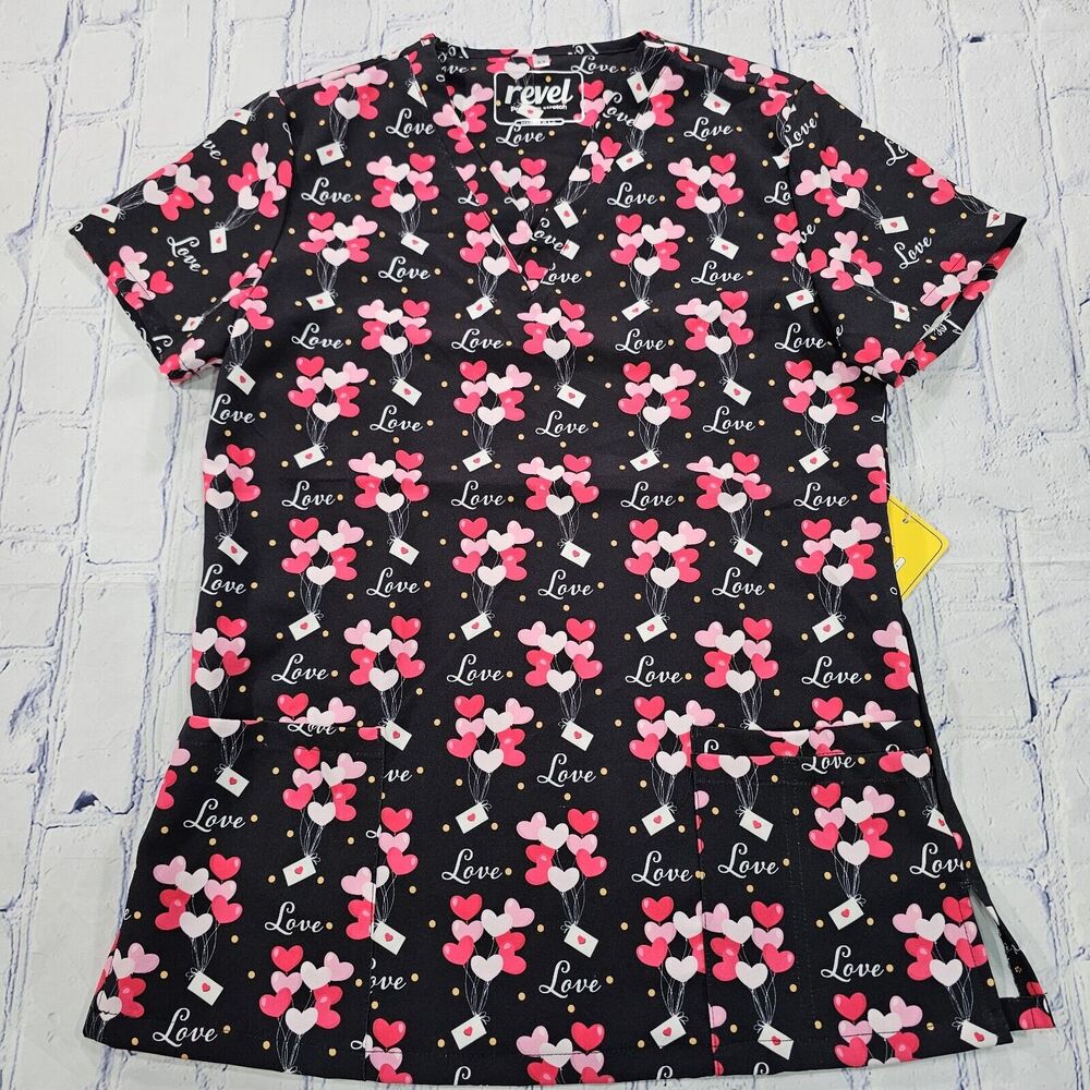 Revel Scrub Top Lightweight Breathable Stretch Live Hearts WOMENS SZ XS